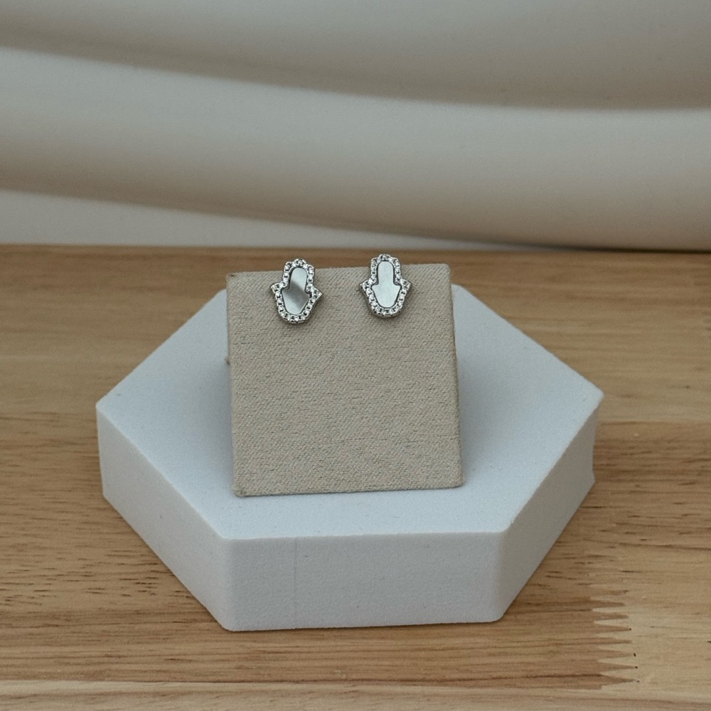Silver and White Hamsa Stud Earrings